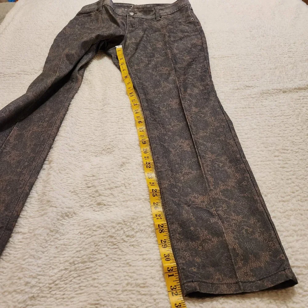 Ink Denim Bluegreen/Gold Brocade Paisley Floral Damask Stretch Pants Size 12